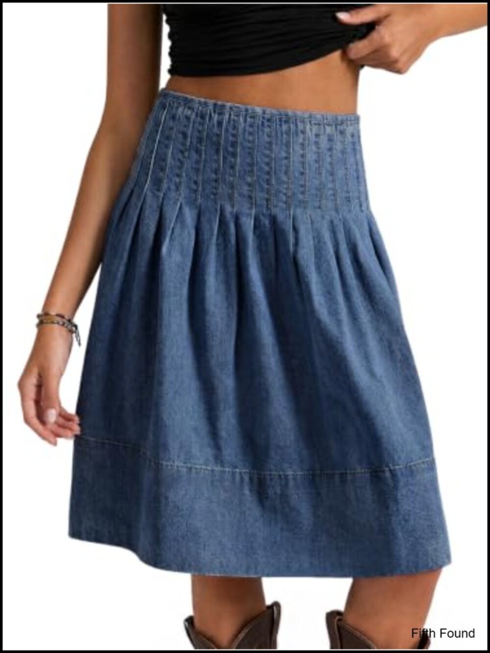 High Waisted Pleated Denim Midi Skirt A-Line Knee Length
